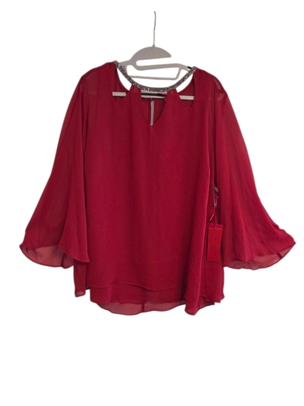 Jennifer Lopez Blouse Sz 1X Rhinestone Neckline Bell Sleeve Top Bold Party NWT - Picture 1 of 14